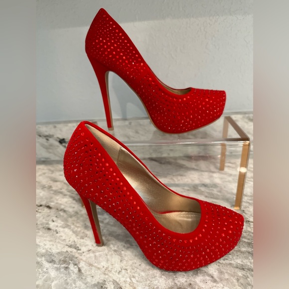 Red Glitter, Rhinestone Platform Pumps Sz - Picture 3 of 12